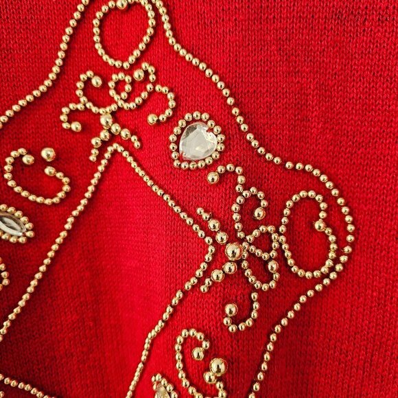 Victoria Jones Red Crewneck Sweater Womens L Gold Beading Cotton Knit 80s - Picture 4 of 9